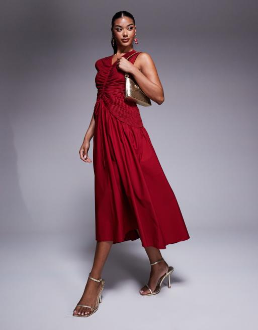 ASOS DESIGN - Vestito midi rosso con dettaglio centrale con coulisse e corpetto arricciati