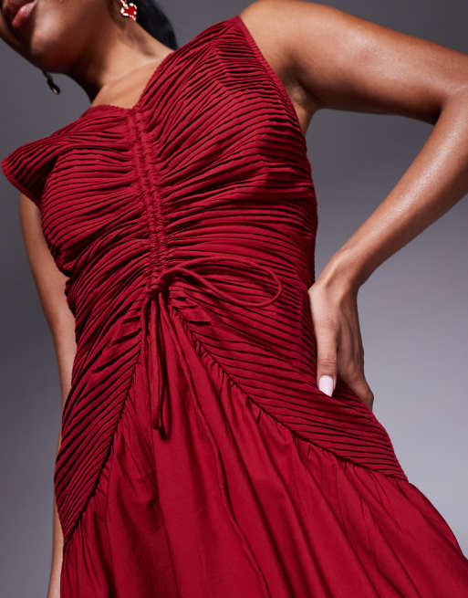 ASOS DESIGN - Vestito midi rosso con dettaglio centrale con coulisse e corpetto arricciati, 3 di 4