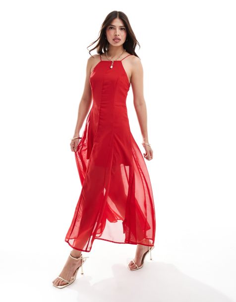 ASOS DESIGN - Vestito midi rosso con gonna godet, spalline sottili e scollo squadrato - view 1