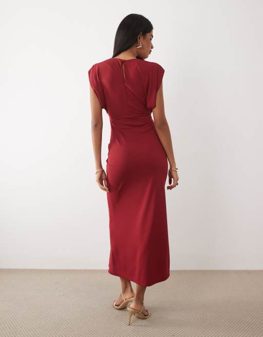 ASOS DESIGN - Vestito midi rosso con spalle strutturate e arricciatura sul davanti, 4 di 4