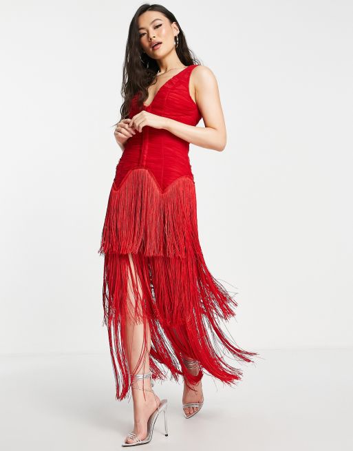 ASOS DESIGN - Vestito midi rosso in rete con corsetto sceso in vita e frange
