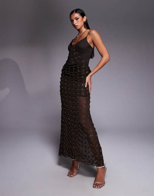 ASOS DESIGN - Vestito midi sagomato color cioccolato con gonna drappeggiata e decorazioni