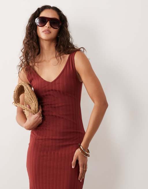 ASOS DESIGN - Vestito midi senza maniche a coste larghe color ruggine con scollo a V, 2 di 4