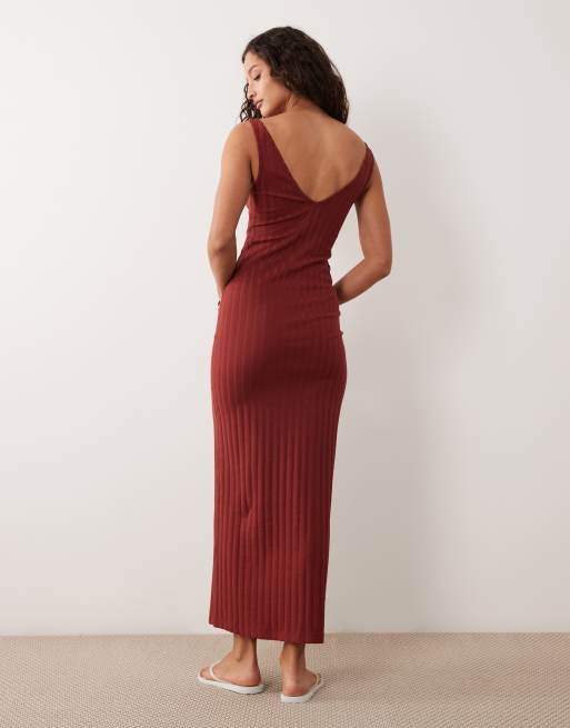 ASOS DESIGN - Vestito midi senza maniche a coste larghe color ruggine con scollo a V, 3 di 4