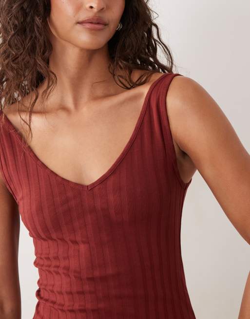 ASOS DESIGN - Vestito midi senza maniche a coste larghe color ruggine con scollo a V, 4 di 4