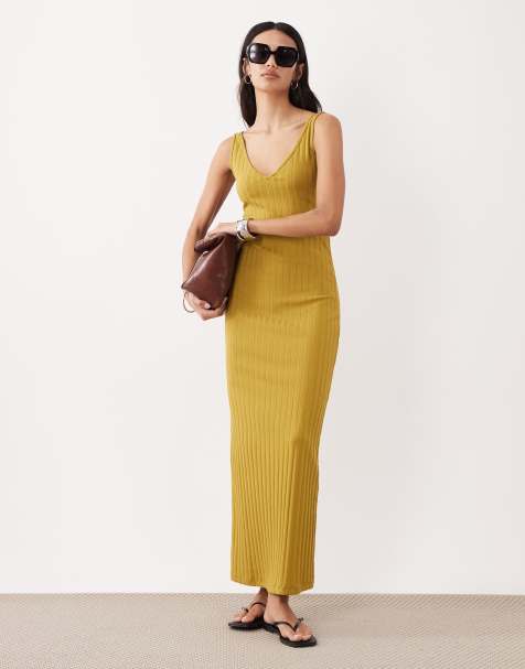ASOS DESIGN - Vestito midi senza maniche a coste larghe color senape con scollo a V - view 1