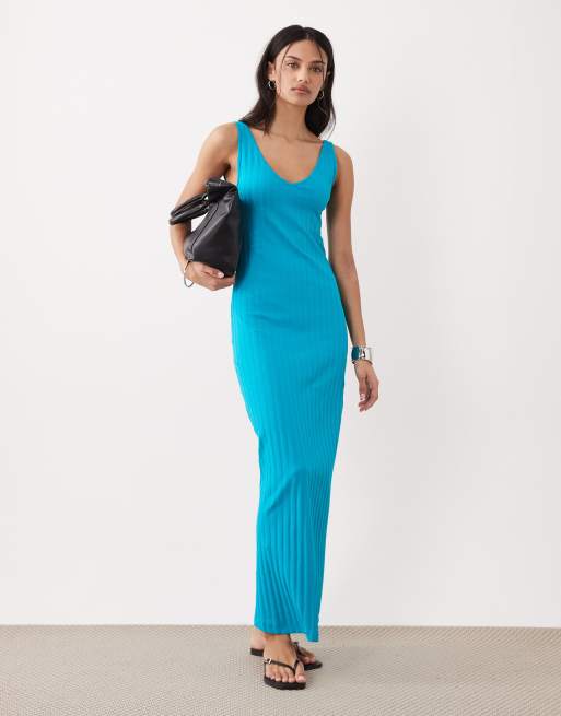 ASOS DESIGN - Vestito midi senza maniche a coste larghe verde-azzurro con scollo a barchetta, 2 di 4