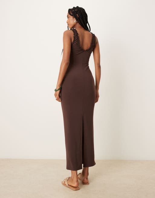 ASOS DESIGN - Vestito midi senza maniche color cioccolato con scollo arricciato, 3 di 4