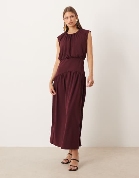 ASOS DESIGN - Vestito midi senza maniche color vinaccia con vita scesa e dettagli a palloncino - view 1