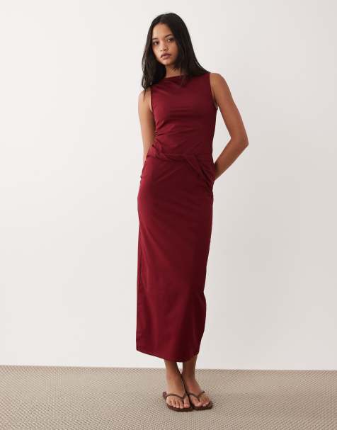 ASOS DESIGN - Vestito midi senza maniche con scollo a barchetta e dettaglio attorcigliato bordeaux - view 1