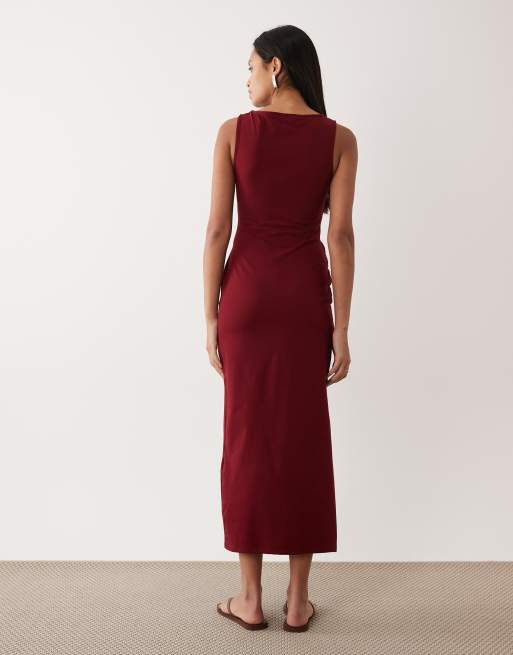 ASOS DESIGN - Vestito midi senza maniche con scollo a barchetta e dettaglio attorcigliato bordeaux, 4 di 4