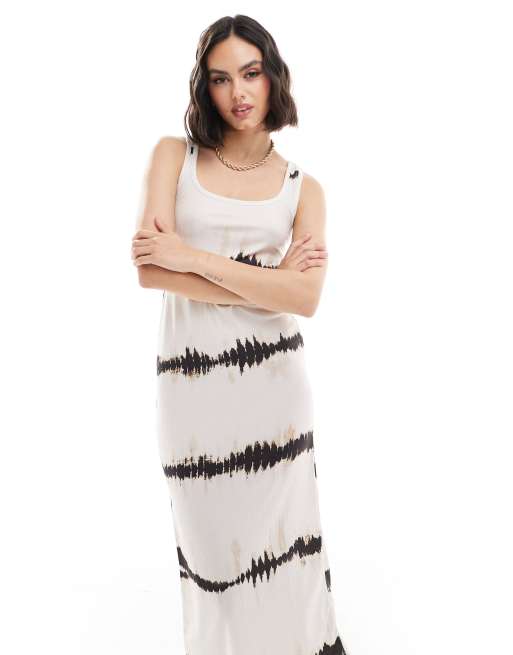 ASOS DESIGN - Vestito midi senza maniche con scollo rotondo e dorso a vogatore a righe effetto macchia