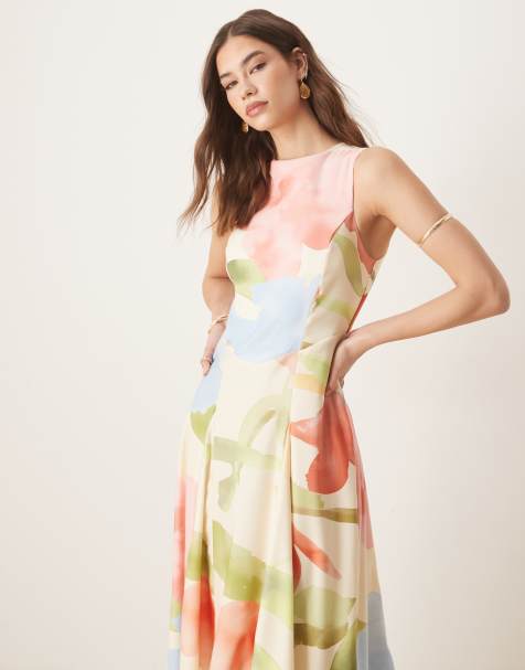 ASOS DESIGN - Vestito midi senza maniche con stampa a fiori in tonalità chiare e vita stile corsetto - view 1