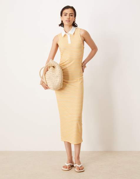 ASOS DESIGN - Vestito midi senza maniche giallo a righe con colletto stile polo e vita arricciata - view 1
