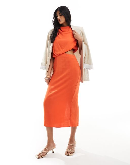 ASOS DESIGN - Vestito midi senza maniche in lino arancione con cut-out in vita