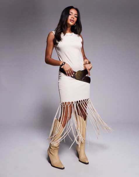 ASOS DESIGN - Vestito midi senza maniche in macramè color pietra con frange sul fondo - view 1