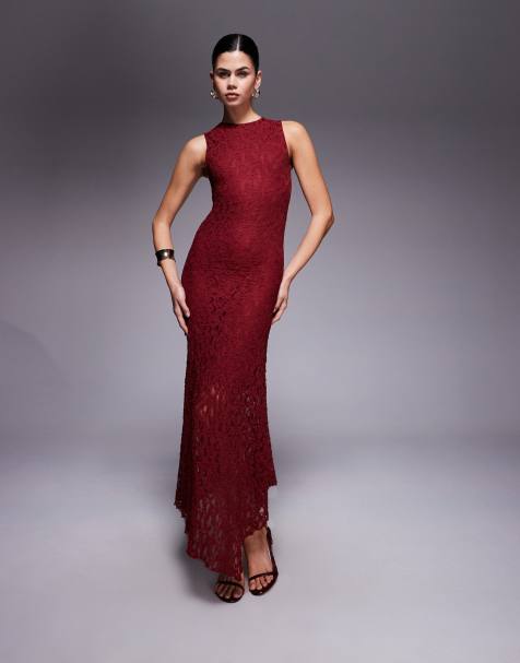 ASOS DESIGN - Vestito midi senza maniche in pizzo bordeaux a colonna - view 1