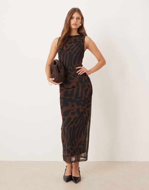 ASOS DESIGN - Vestito midi senza maniche in rete marrone con stampa animalier - view 1