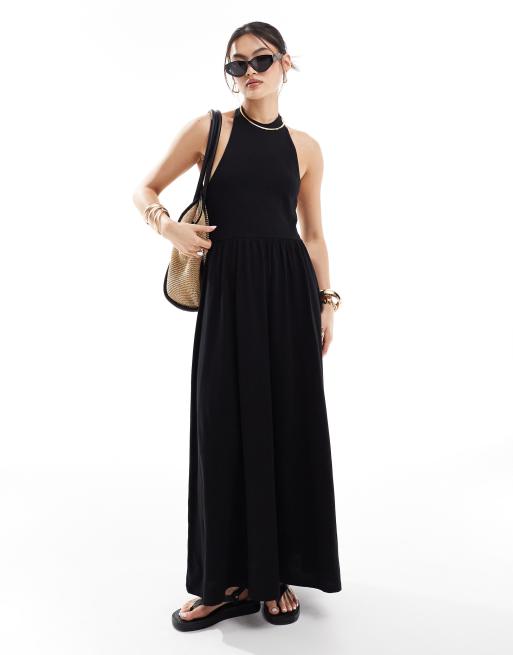 ASOS DESIGN - Vestito midi skater nero allacciato al collo
