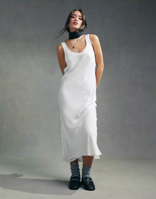 ASOS DESIGN Vestito midi sottoveste avorio con bordo a coste e taglio sbieco ASOS