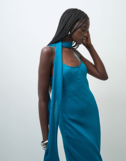 ASOS DESIGN vestito midi sottoveste con sciarpa in verde petrolio, 2 di 4