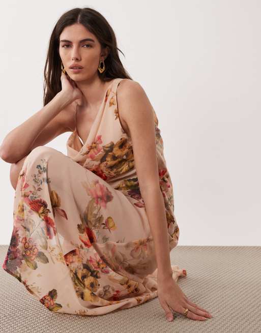 ASOS DESIGN - Vestito midi sottoveste con scollo asimmetrico rosa a fiori, 2 di 4