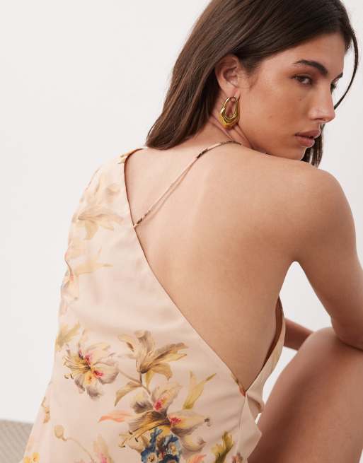 ASOS DESIGN - Vestito midi sottoveste con scollo asimmetrico rosa a fiori, 3 di 4