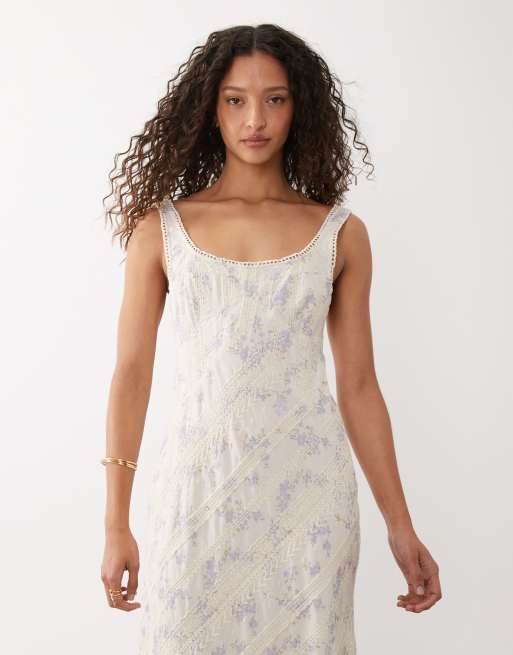 ASOS DESIGN - Vestito midi sottoveste ricamato écru con stampa a fiorellini blu, 3 di 4