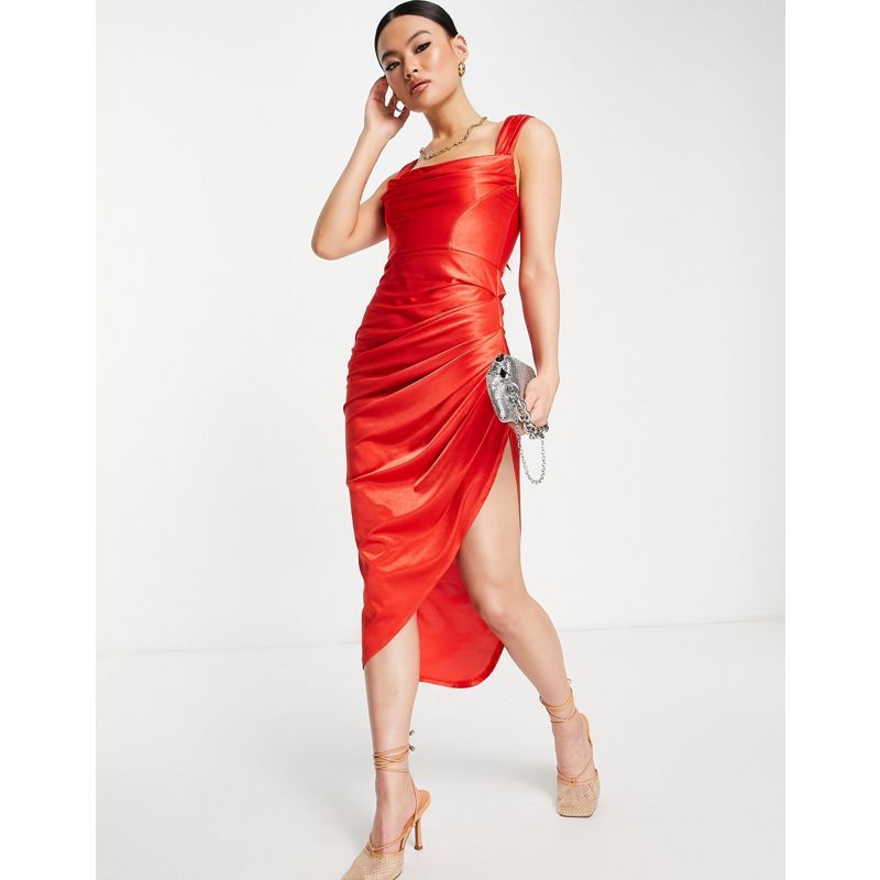 Vestiti cJ4ma DESIGN - Vestito midi stile corsetto in raso drappeggiato rosso acceso
