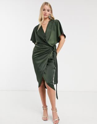 Vestito midi stile kimono a portafoglio allacciato in vita-Verde - ASOS DESIGN  donna Verde - immagine2