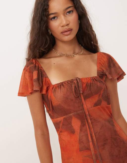 ASOS DESIGN - Vestito midi stile milkmaid in rete arancione con stampa e schiena scoperta, 2 di 4