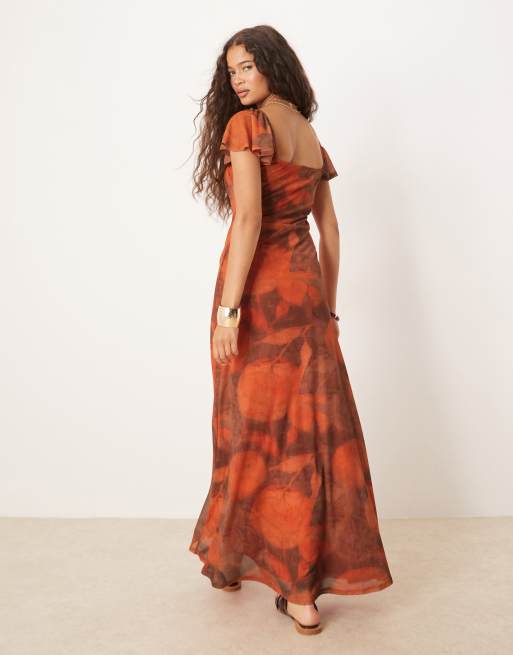 ASOS DESIGN - Vestito midi stile milkmaid in rete arancione con stampa e schiena scoperta, 3 di 4