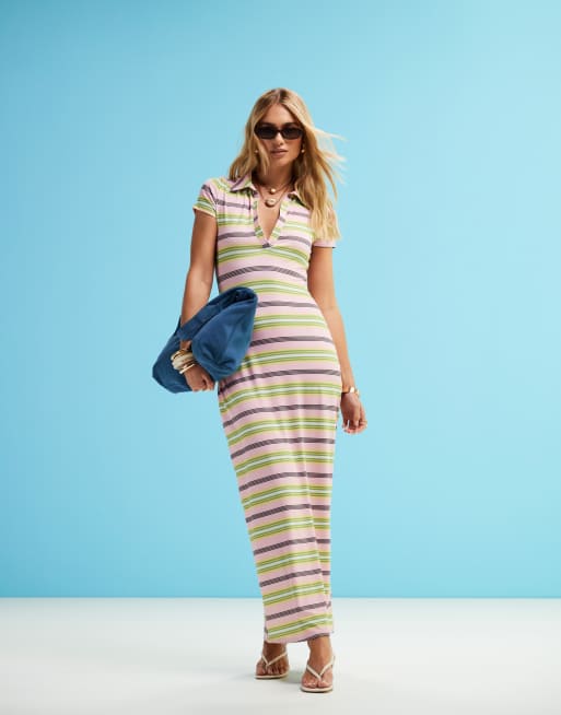 ASOS DESIGN - Vestito midi stile polo a maniche corte a righe multicolore