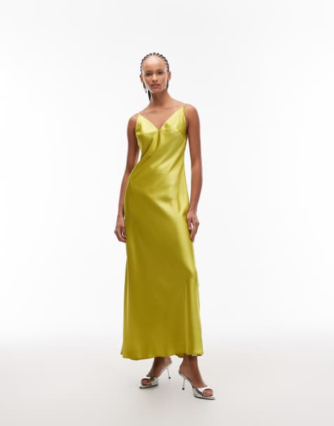 ASOS DESIGN - Vestito midi stile sottoveste in raso color verde pallido con scollo a V e spalline sottili - view 1