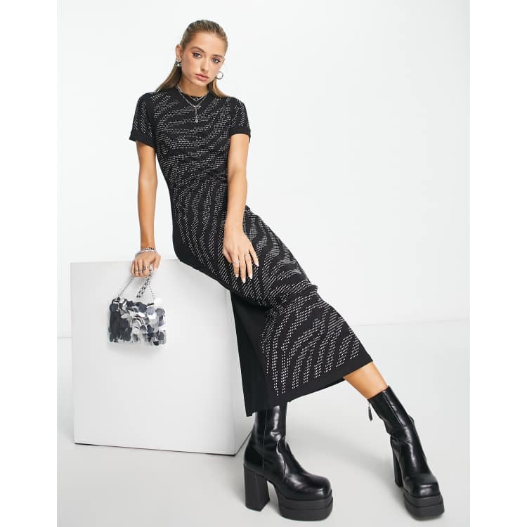 ASOS DESIGN Vestito midi stile T shirt nero decorato con motivo