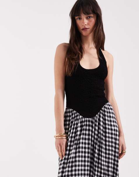ASOS DESIGN - Vestito midi stropicciato allacciato al collo con stampa monocromatica a quadretti - view 1
