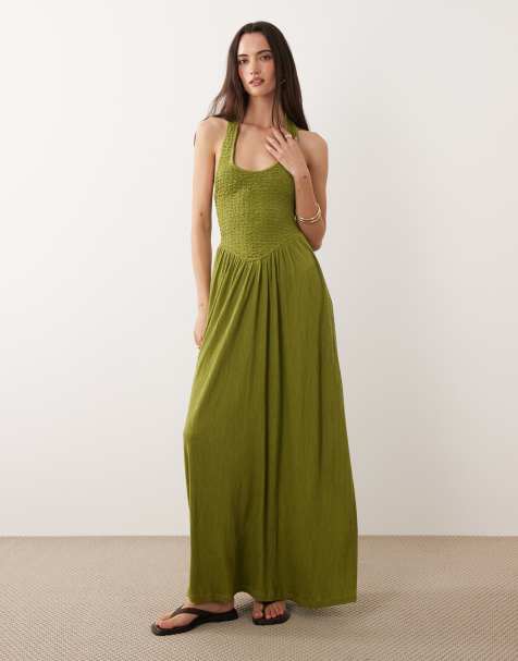 ASOS DESIGN - Vestito midi stropicciato allacciato al collo verde oliva - view 1