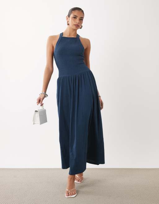 ASOS DESIGN - Vestito midi stropicciato con incrocio sul retro blu navy, 2 di 4