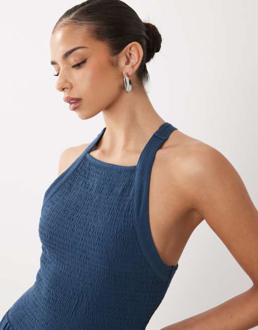 ASOS DESIGN - Vestito midi stropicciato con incrocio sul retro blu navy, 3 di 4