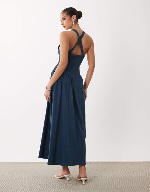 ASOS DESIGN - Vestito midi stropicciato con incrocio sul retro blu navy, 4 di 4