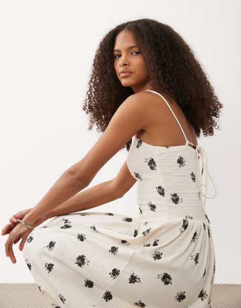 ASOS DESIGN - Vestito midi stropicciato con spalline sottili e allacciatura sul retro color panna a fiori con vita asimmetrica - view 1