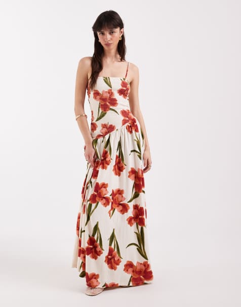 ASOS DESIGN - Vestito midi stropicciato con spalline sottili e allacciatura sul retro rosa a fiori con vita asimmetrica - view 1