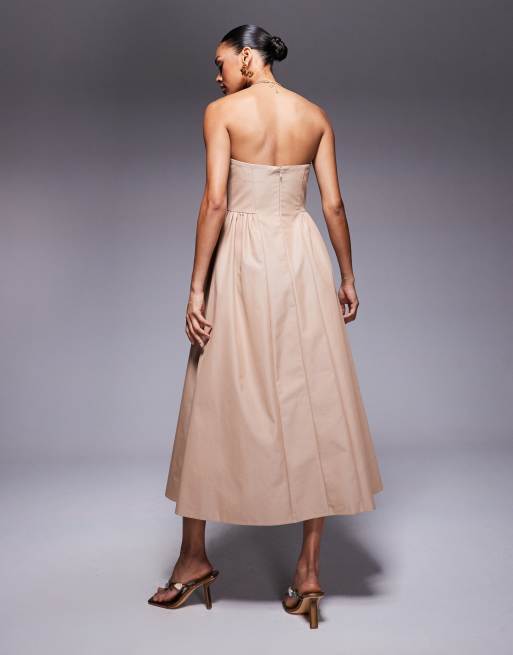 ASOS DESIGN - Vestito midi strutturato color pietra con bustino a volant, 4 di 4