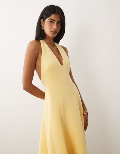 ASOS DESIGN - Vestito midi strutturato con gonna a ruota e scollo profondo in tessuto scuba giallo, 2 di 4
