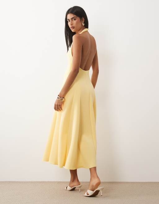 ASOS DESIGN - Vestito midi strutturato con gonna a ruota e scollo profondo in tessuto scuba giallo, 4 di 4