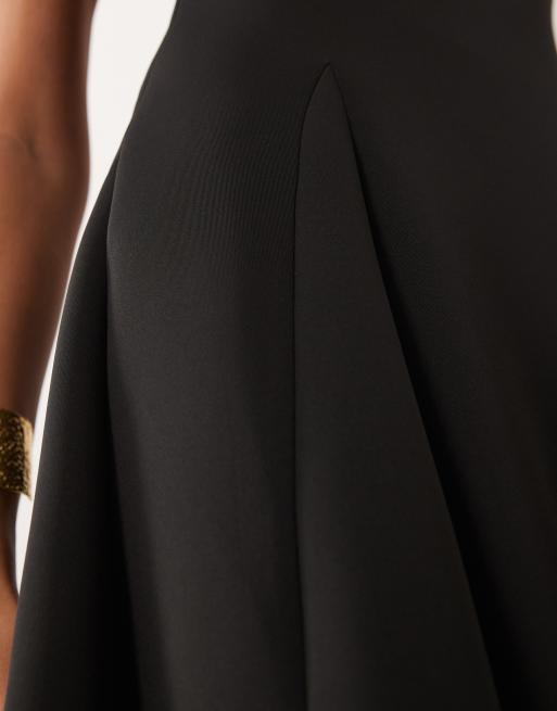 ASOS DESIGN - Vestito midi strutturato con gonna a ruota e scollo profondo in tessuto scuba nero, 4 di 4