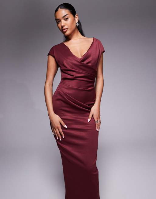 ASOS DESIGN - Vestito midi strutturato con maniche ad aletta e parte frontale incrociata con drappeggio color bacca scuro, 3 di 4