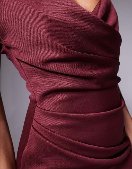 ASOS DESIGN - Vestito midi strutturato con maniche ad aletta e parte frontale incrociata con drappeggio color bacca scuro, 4 di 4