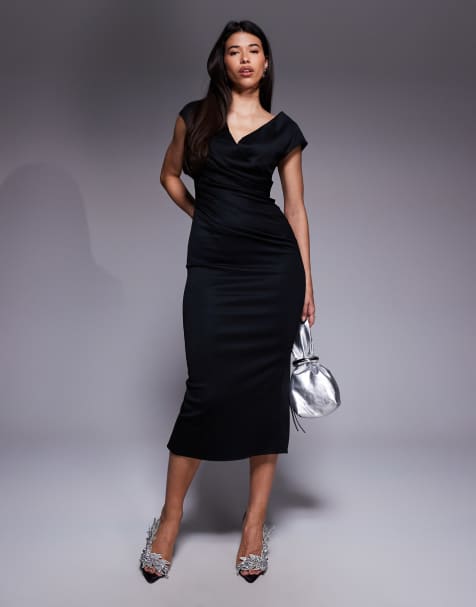 ASOS DESIGN - Vestito midi strutturato con maniche ad aletta e parte frontale incrociata con drappeggio nero - view 1