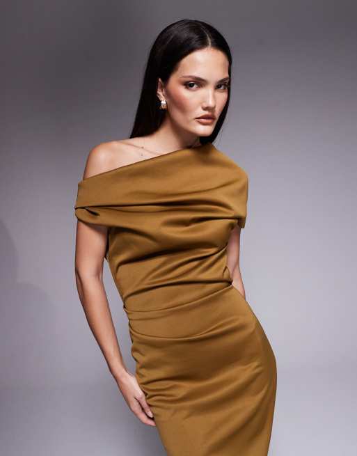 ASOS DESIGN - Vestito midi strutturato in tessuto effetto scuba marrone con spalle scese, 3 di 4